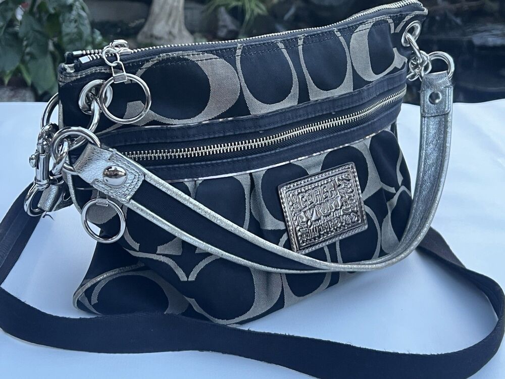 Coach Poppy Signature Sateen Groovy Crossbody Shoulder Bag Black/Silver 15318